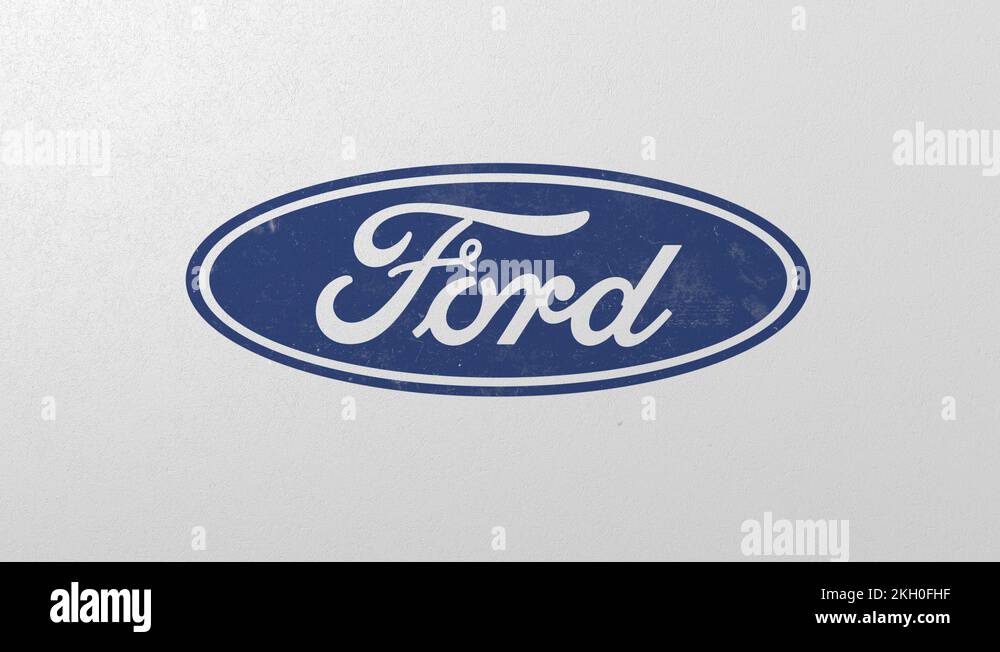 Destroying wall with painted logo of Ford. Crisis related editorial 3D ...