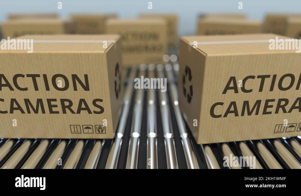 Cartons with action cameras on roller conveyors. Loopable 3D animation ...