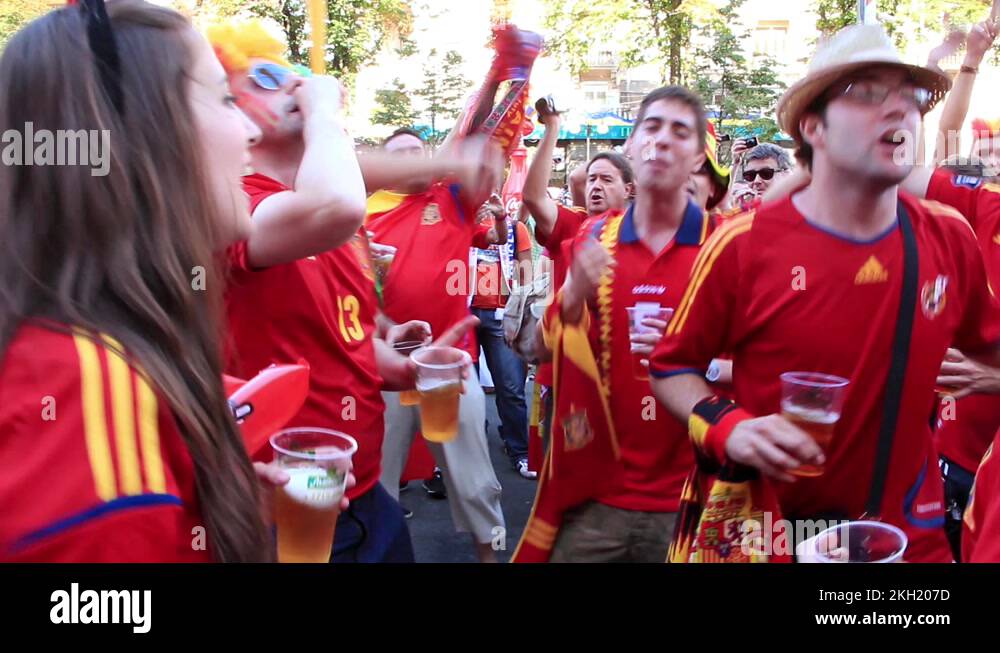 Spanish football fans before final match of European Football Championship Stock Video Footage