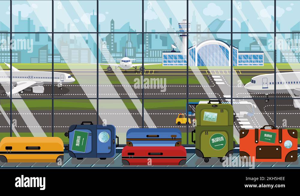 Suitcases with Saudi Arabia flag stickers on baggage carousel in