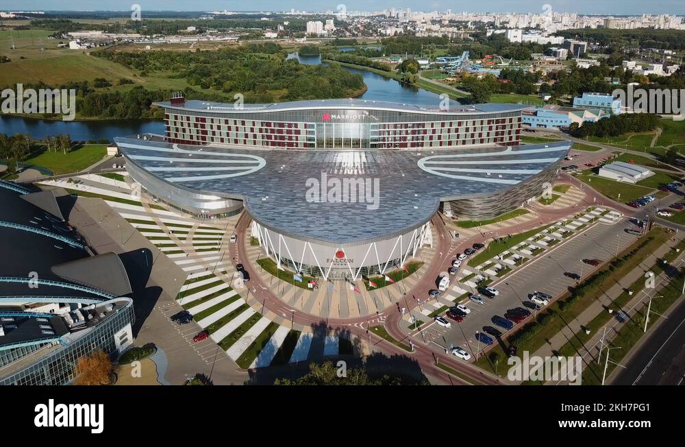 Minsk, Belarus August, 2019 aerial Marriott hotel, roof shape of
