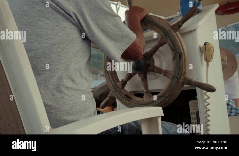 Captain Turns Wooden Steering Wheel On A Ship.Steering Wheel Of