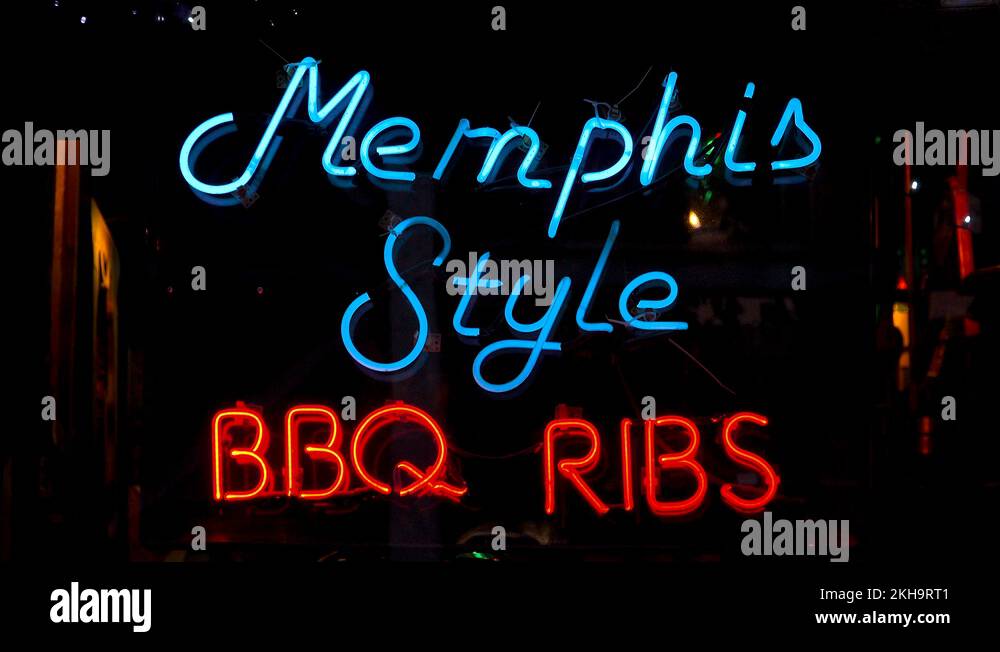 Neon sign on Beale Street, Memphis identifies Memphis Style BBQ Ribs