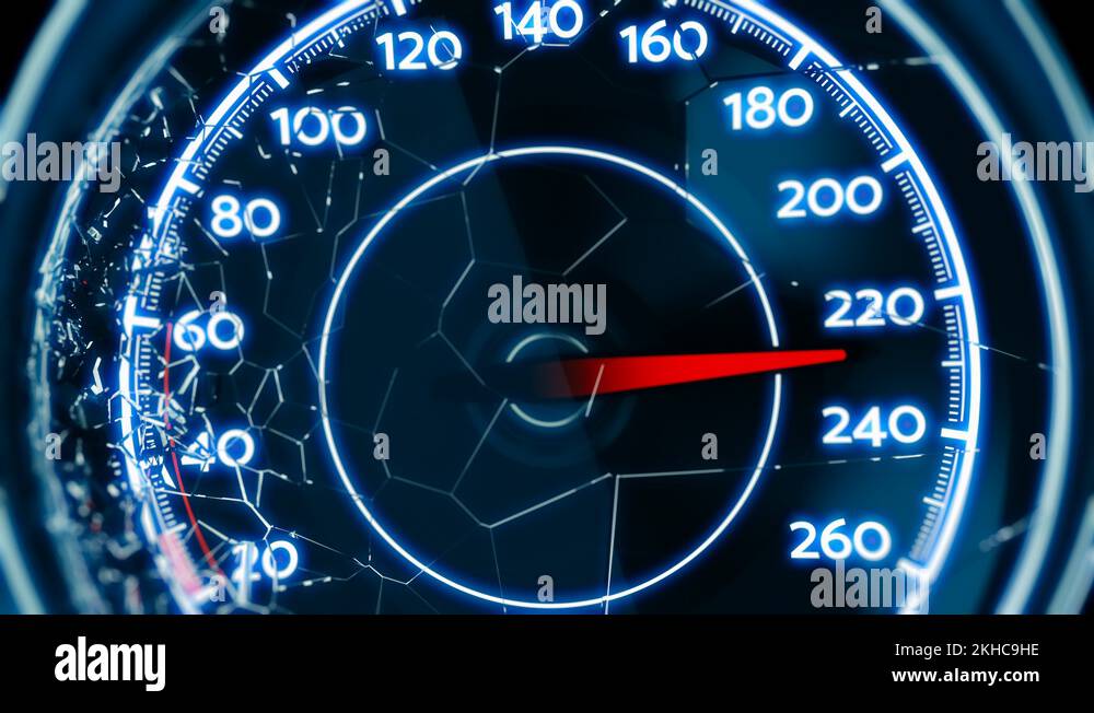 Speedometer glass shattering in slow motion, moment of car crash, time