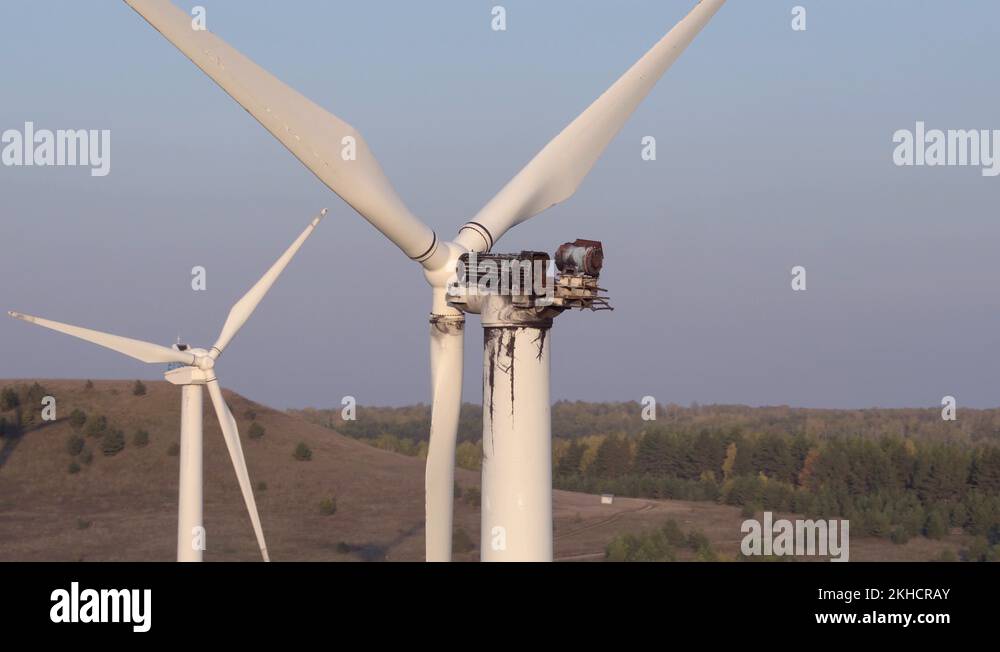 Wind energy farm turbine destroyed / old damaged by fire after