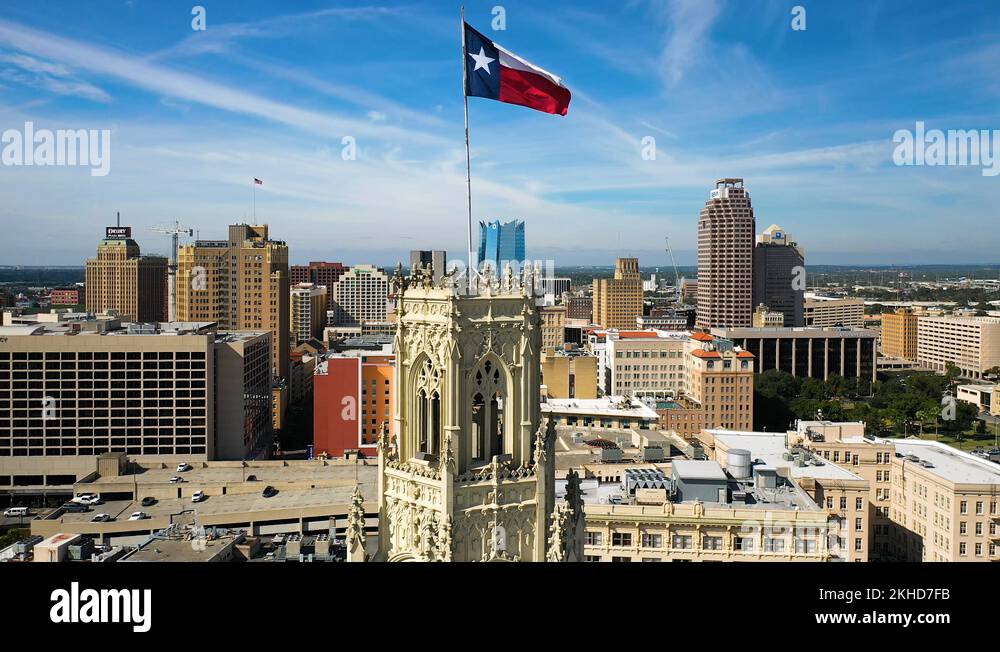 4K Slow Motion Rising Drone San Antonio Tx Skyline Texas State Flag