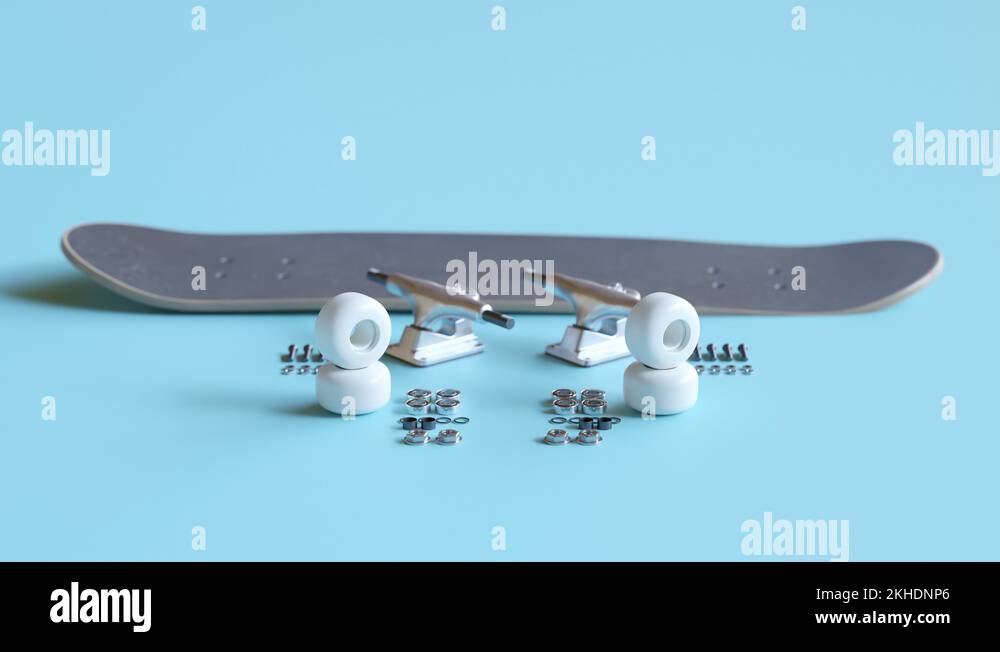 Skateboard assembly process. Elements of the board combining in order