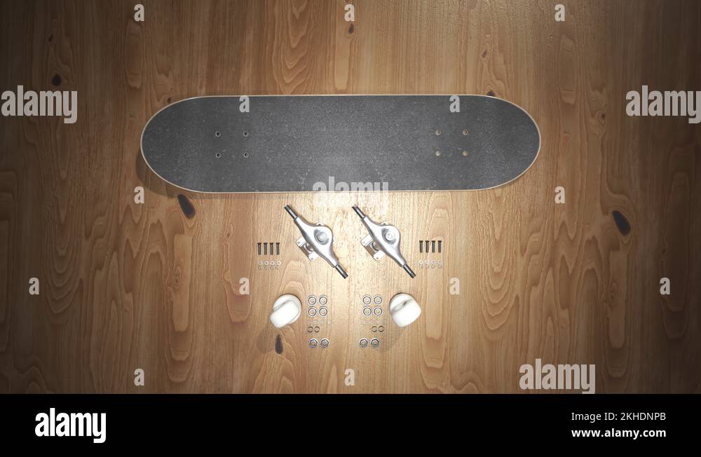Skateboard assembly process. Elements of the board combining in order