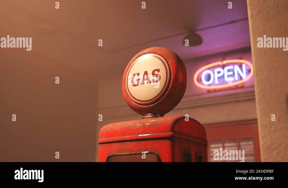Night view at neon sign shining on the vintage gas station. Luxury car