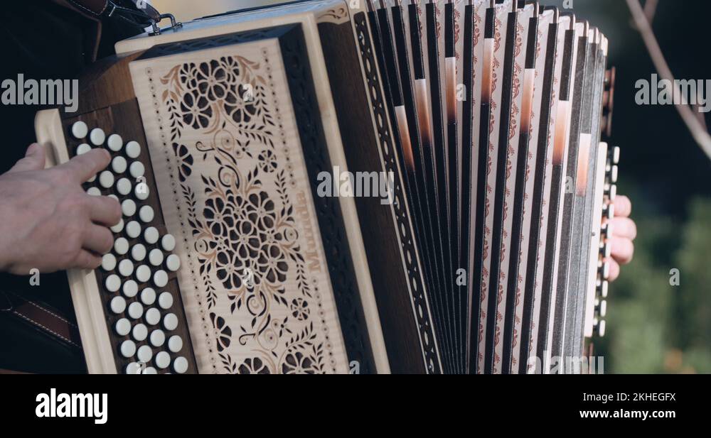 Musician in traditional music costume playing wooden accordion Stock