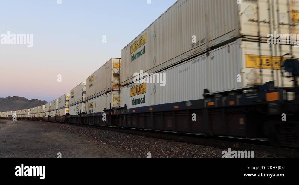 Train Railroad container carrier desert sunset 4K Stock Video Footage