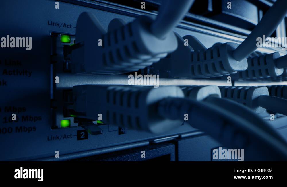 Macro Shot Cables Connected to Router Ports with Blinking
