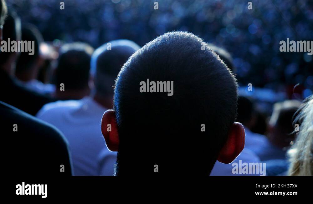 Crowd of fans standing in fan zone during rock or pop music concert. 4K