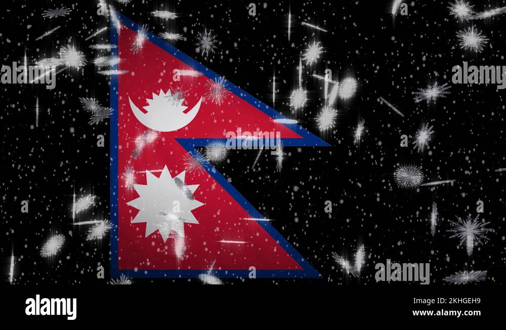 Nepal flag falling snow loopable, New Year and Christmas background