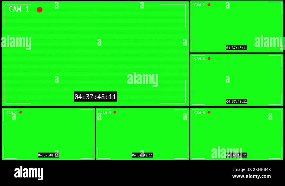 Six CCTV monitor display with scan lines on green screen Stock Video