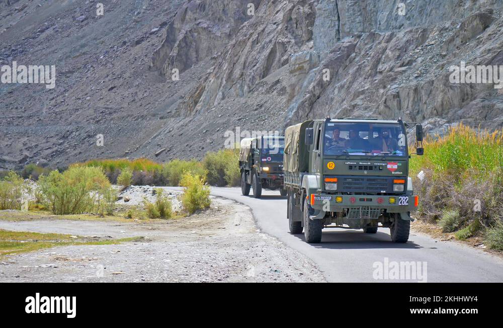 Two Indian army trucks on the road, close to India china border, Ladakh