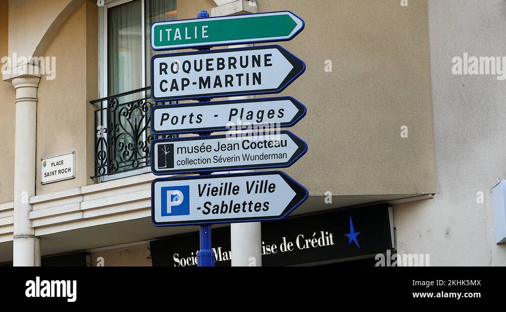 Road Signs Indicating Directions For Italy And Roquebrune Cap Martin