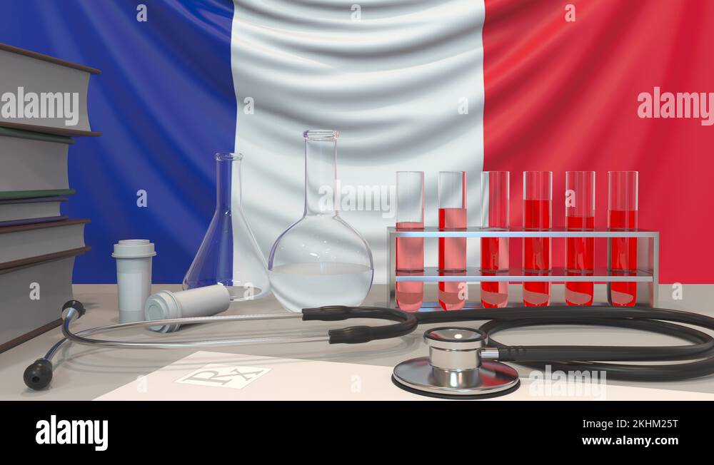 Clinic laboratory equipment on French flag background. Healthcare and