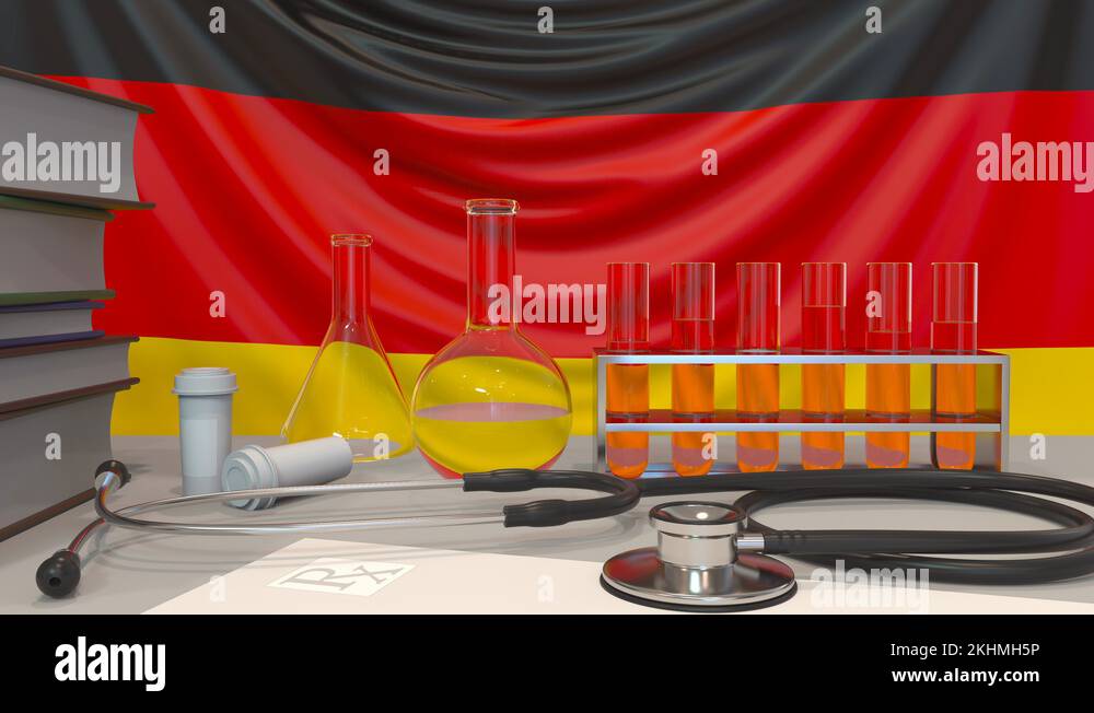 Clinic laboratory equipment on German flag background. Healthcare and