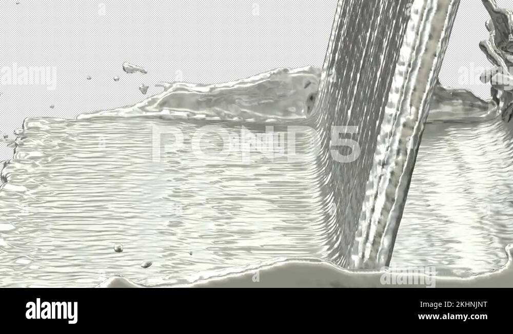 Animated side view of great amount of pouring silver paint filling tank ...