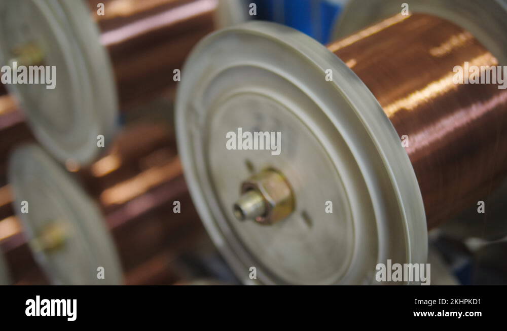 Copper winding Wire Manufacturing Process, close up. Electric cable