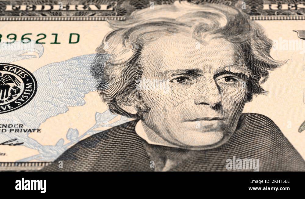 US President Andrew Jackson on 20 dollar bill tracking. Low angle