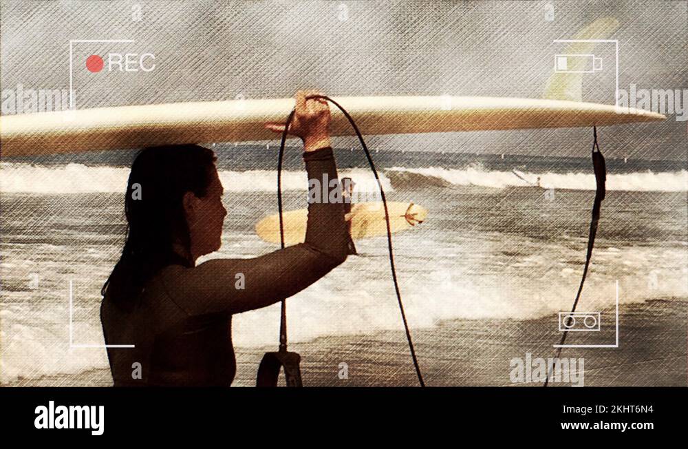Woman carring surfboard. Camera viewfinder effect Stock Video Footage Alamy