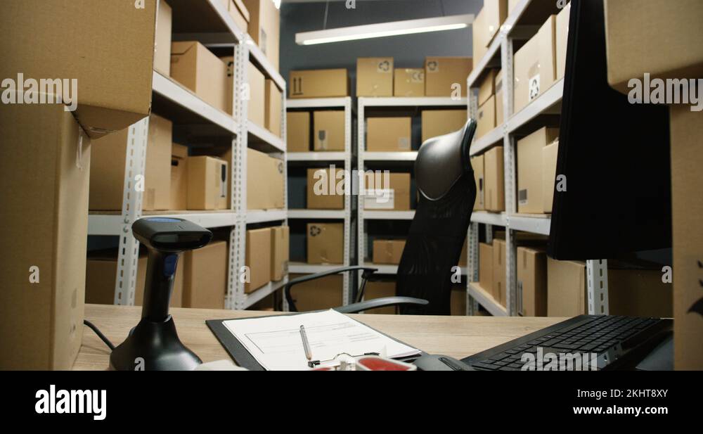 Empty working place of postman and courier. Table and chair at post