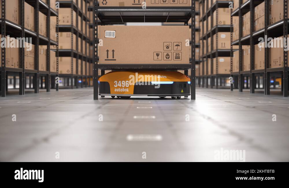 Autonomous robot lifts rack and moves it off screen in automated ...