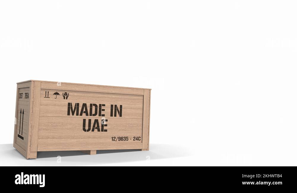 Large wooden crate with MADE IN UAE text on white background. United