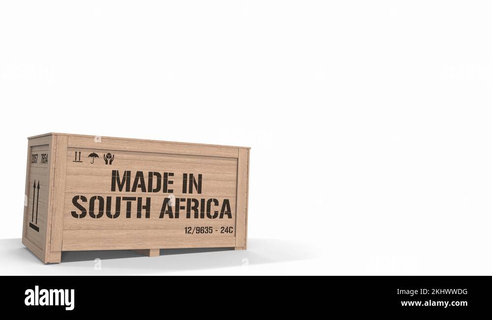 Wooden crate with MADE IN SOUTH AFRICA text on white background. Industrial Stock Video Footage