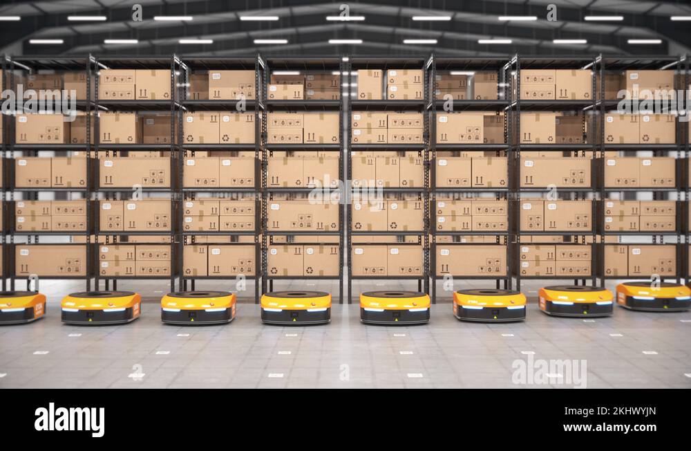 Row of autonomous robots move racks in automated warehouse, seamless ...