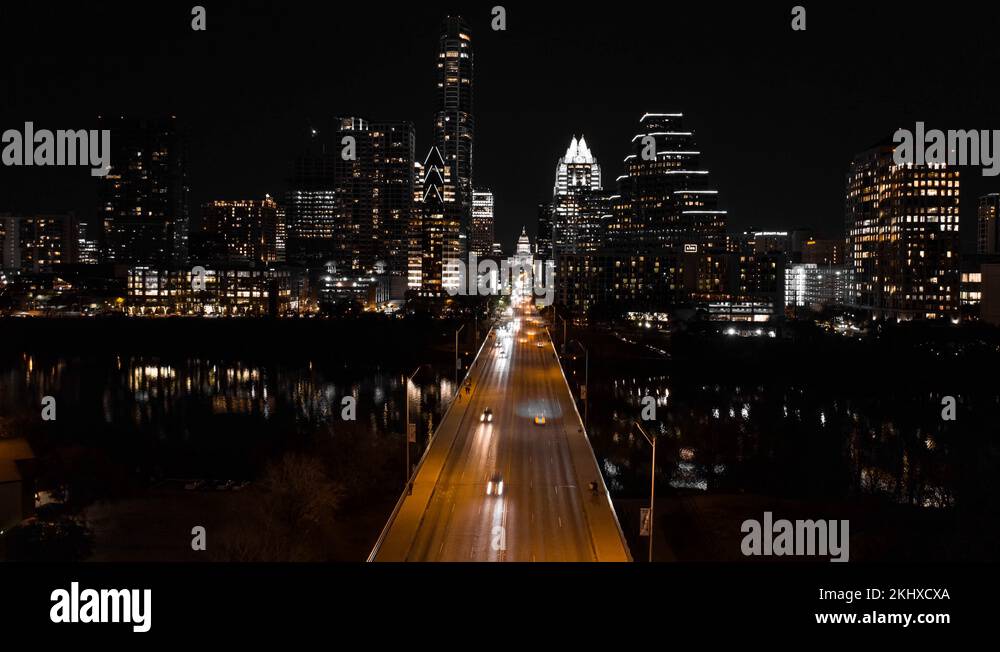 4K Austin Skyline Night Time Lapse Drone Aerial Cesar Chavez Texas