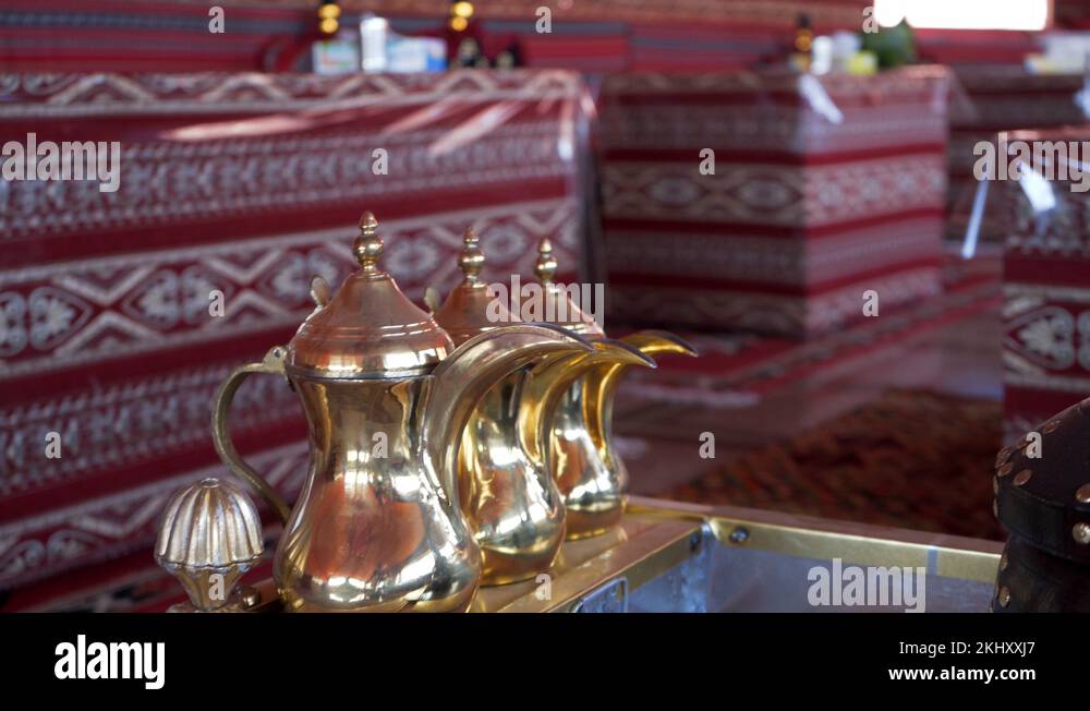 Traditional Arabic Coffee Pot. Tourist tents in Wadi Rum dessert in