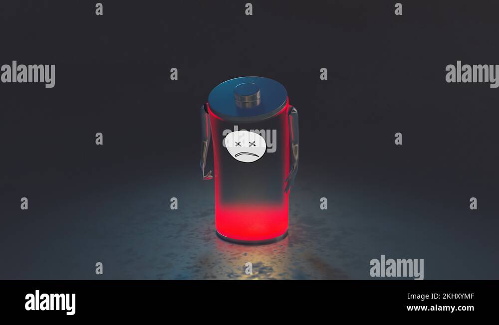 Funny empty rechargeable battery made of metal and glass losing energy