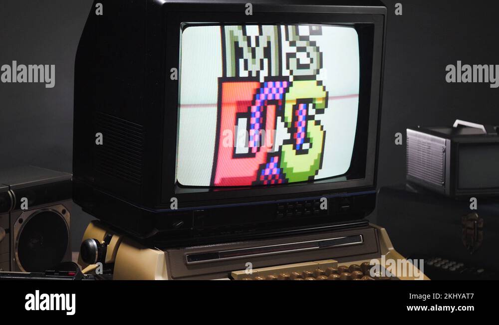 Vintage Computer With MS DOS Logo on the Old Monitor Stock Video ...