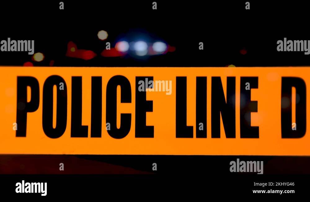 Police Line Yellow Tape Barrier Crime Scene, Red Flashing Lights, Emergency Stock Video Footage