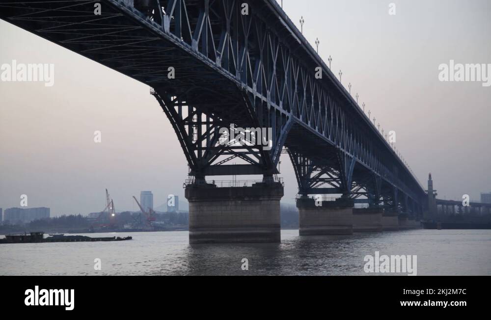 The mighty Yangtze River Bridge spans the Yangtze River Stock Video