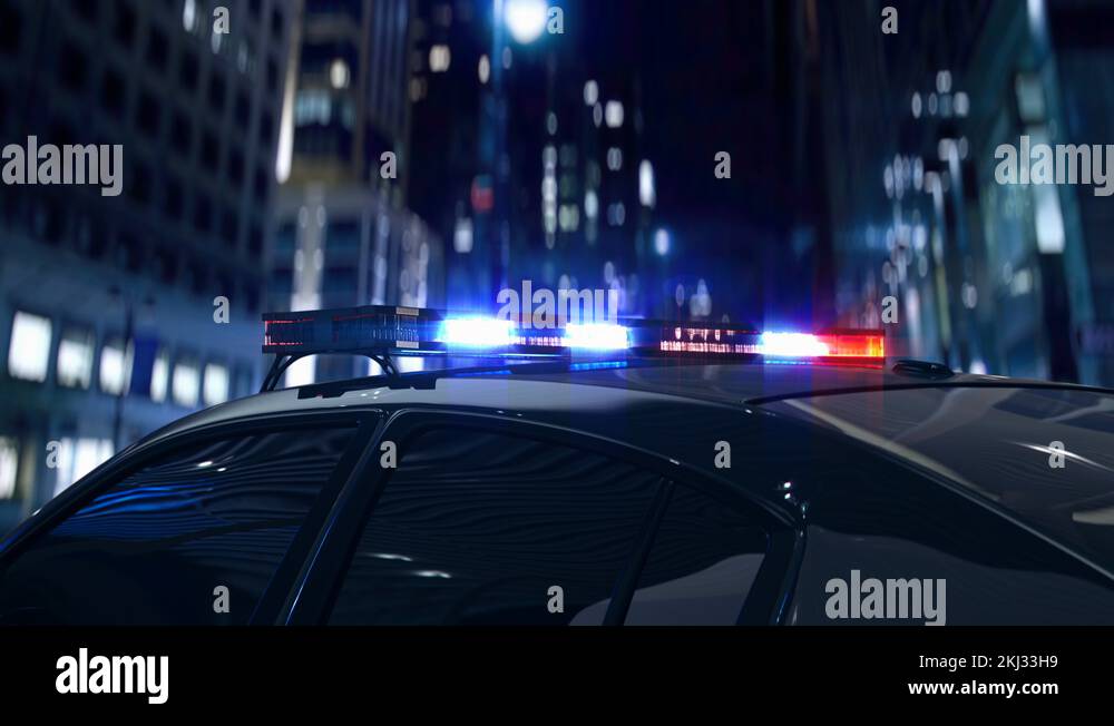 Police lights flashing in the city, modern police car on patrol, cops