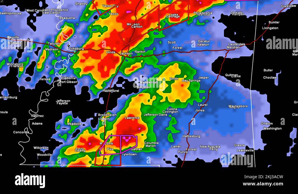 Severe thunderstorms with tornado on Doppler weather radar screen Stock