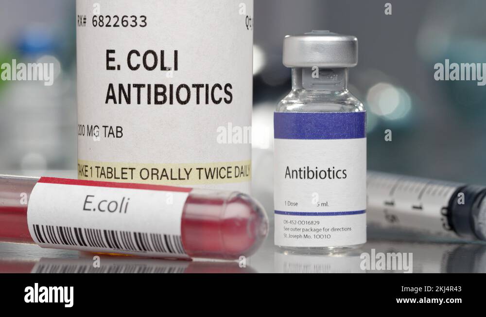 E.coli antibiotics and antibodies in medial lab with syringe Stock
