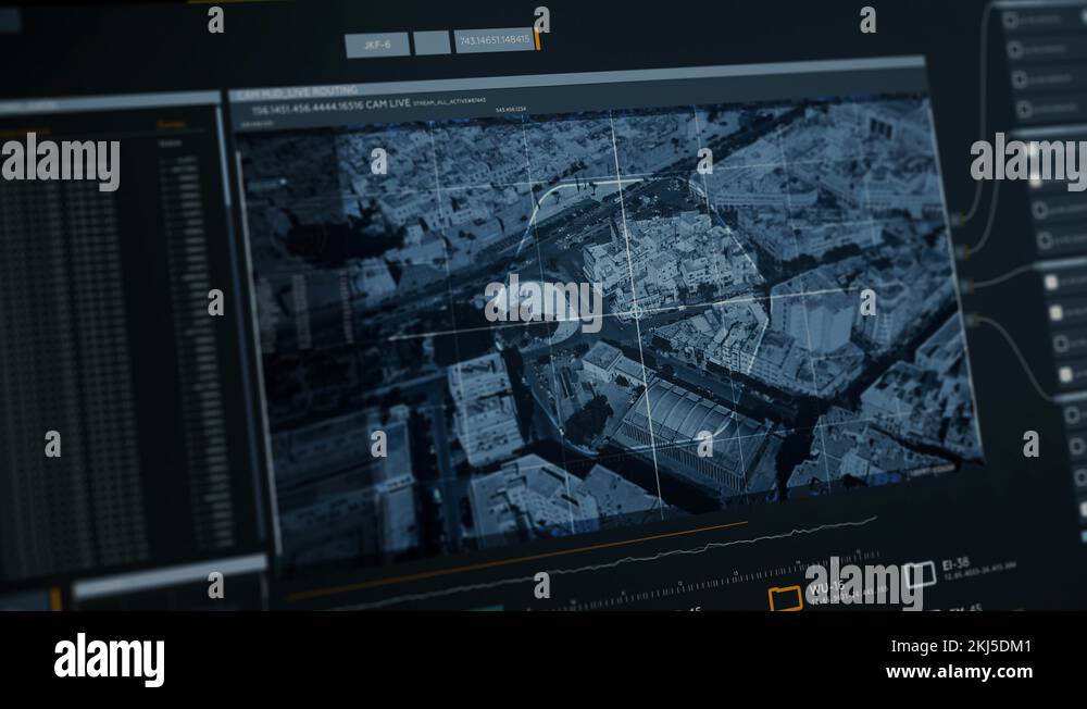 Aerial View Computer Screen Arabian City in Tunisia, Satellite Camera View, Computer Screen Data ...