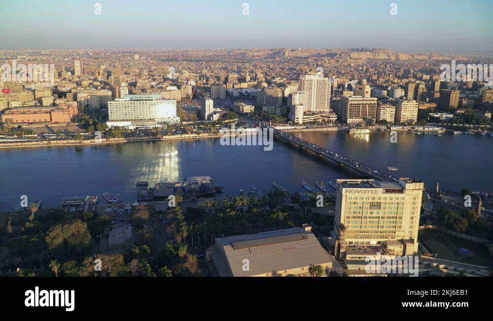 Nile river and Cairo city skyline at sunset. Panning left Stock Video ...