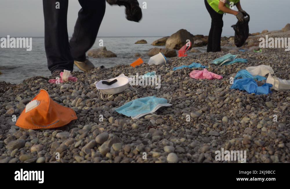 Covid19 plastic waste. Used disposable masks and gloves thrown out by