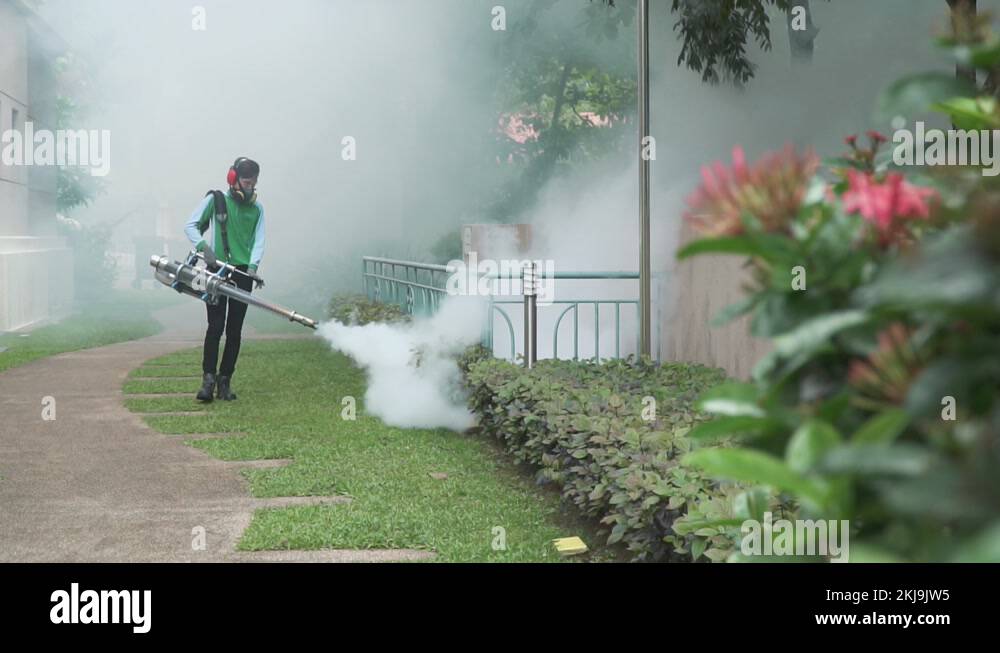 A Utility Man Using A Fogging Machine To Disinfect The Streets And