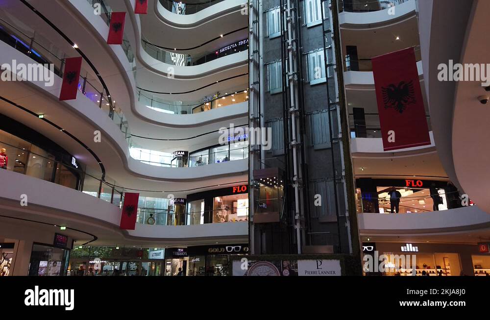 Static view of Toptani Mall in Tirana, Albania, while people walking ...