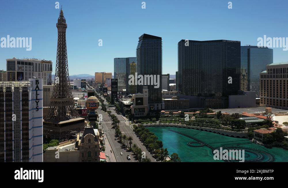 Drone shot, 4k, Slow pan backward, empty Las Vegas Strip, Bellagio
