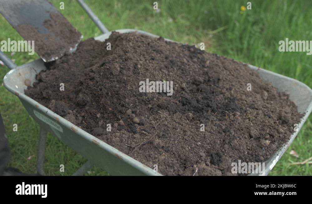 Mixing soil in wheelbarrow with shovel removing roots Stock Video ...