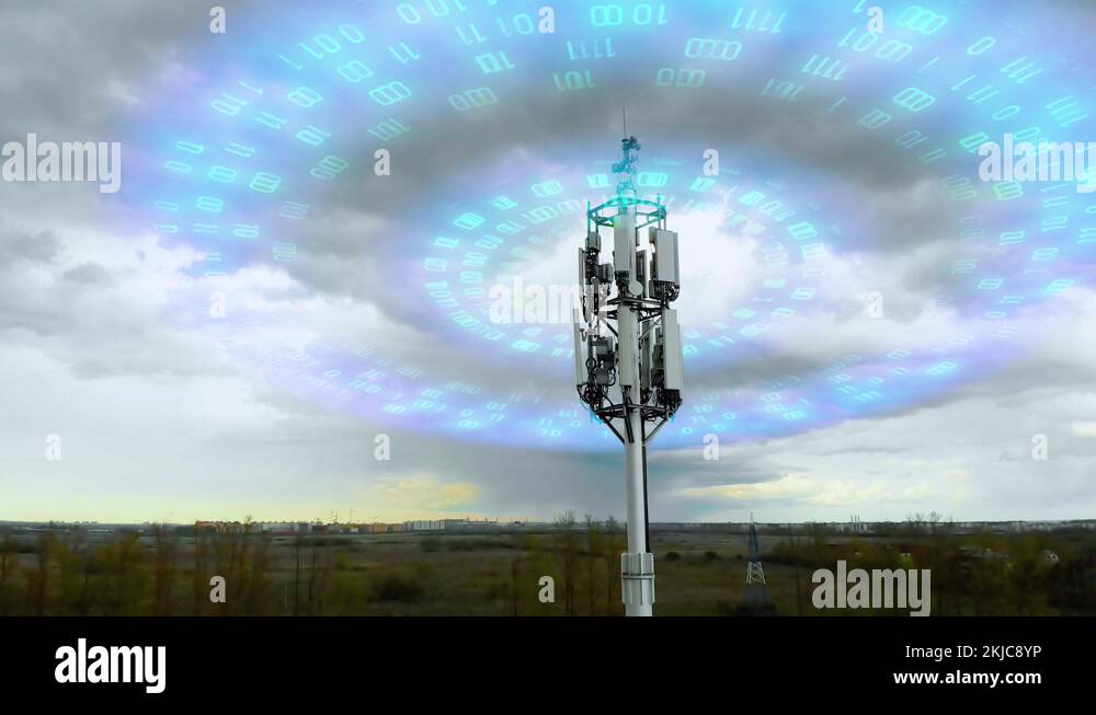 5g cell tower emits waves with digital code. Aerial View Radio Antenna