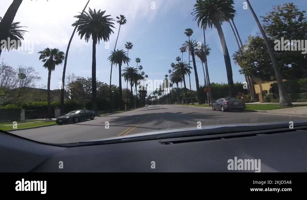 Driving at famous Palm Tree Lined Street in Beverly Hills California